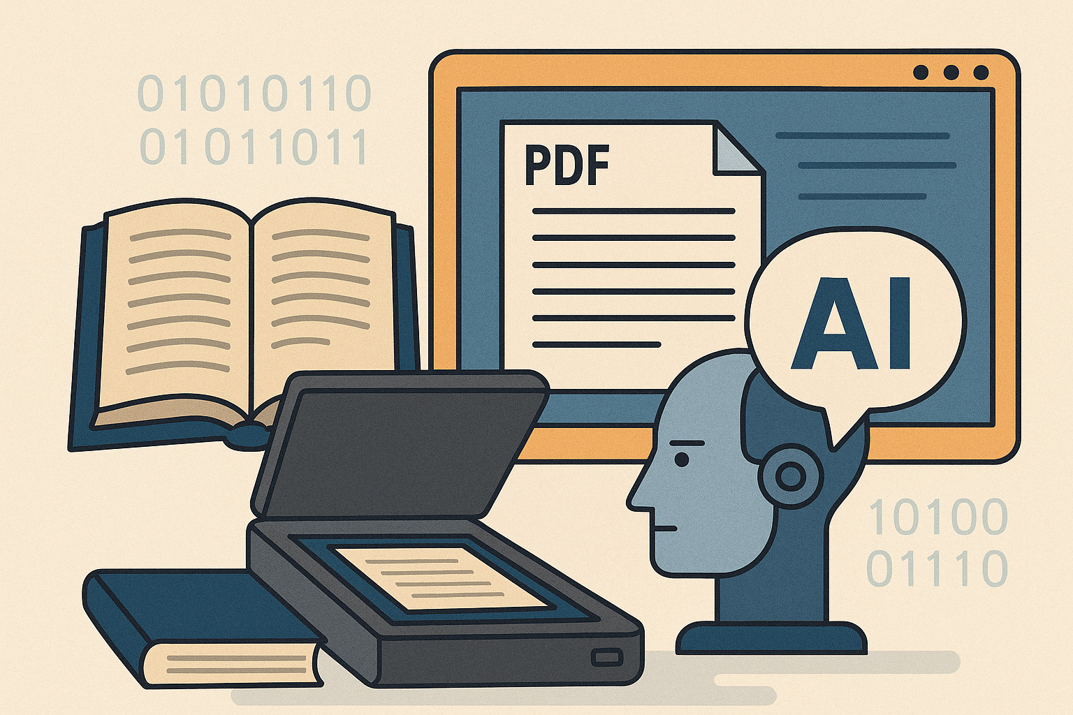Books and paper documents being scanned into digital data for AI training and GPTChat