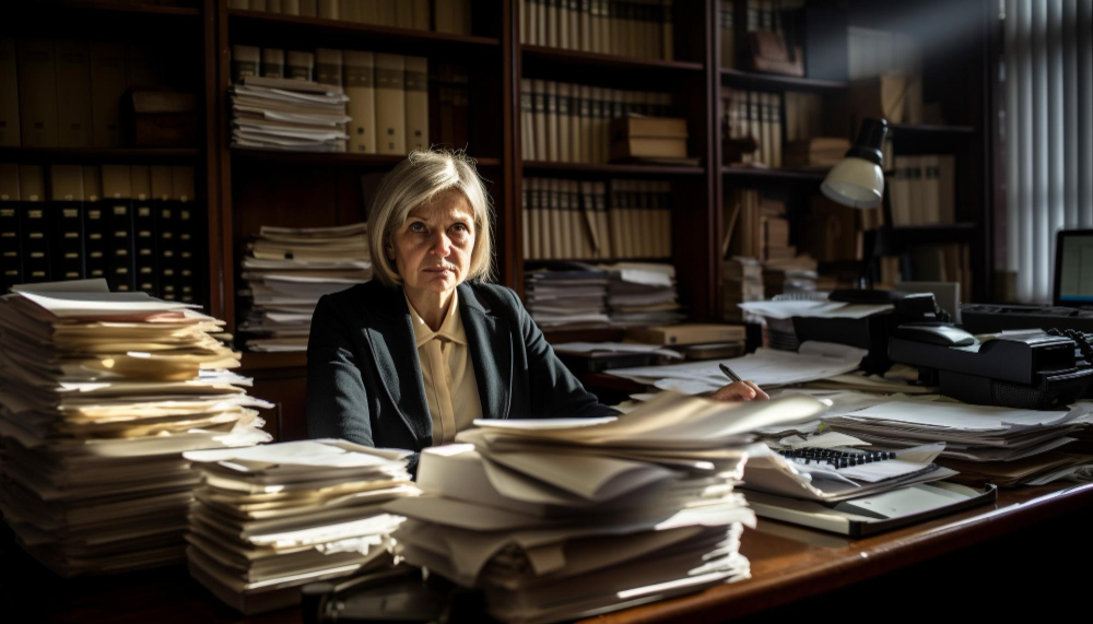 A woman in a dark suit in an office with bookcases at a desk covered with stacks of papers