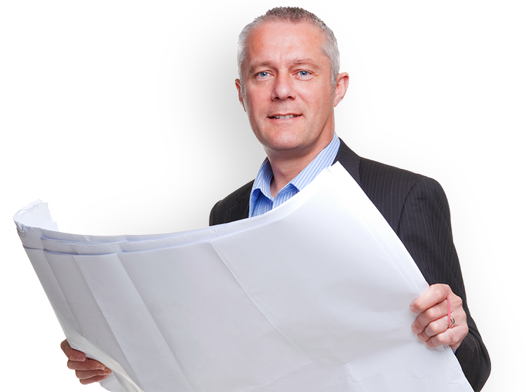 architect holding a set of building plans