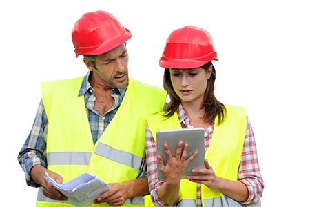 construction people using electronic tablet on-site
