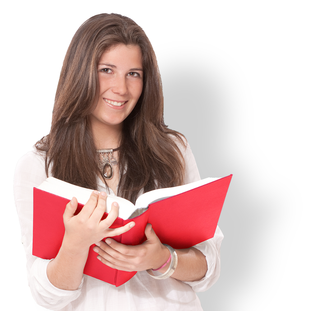 smiling young girl holding an open book