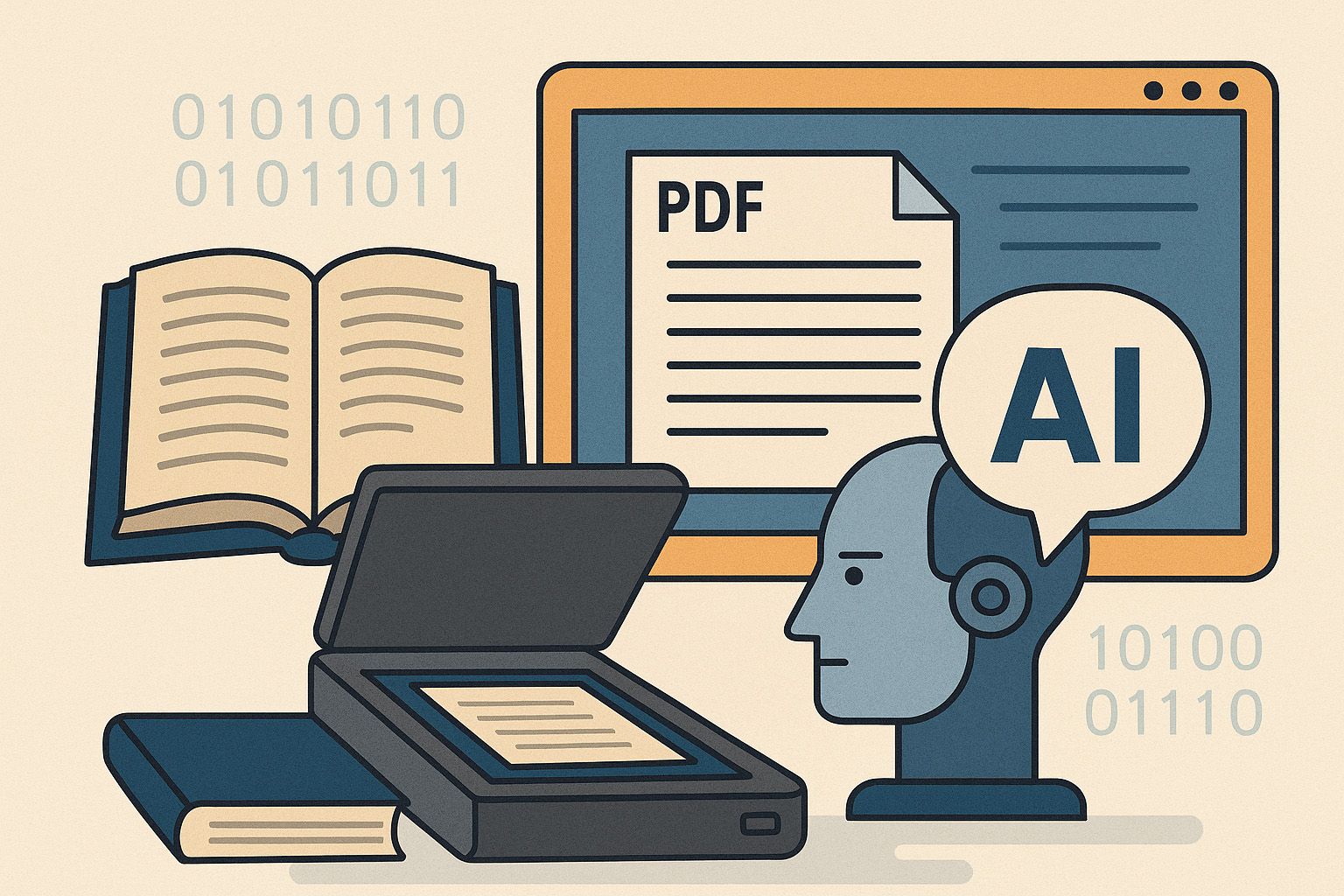 Books and paper documents being scanned into digital data for AI training and GPTChat